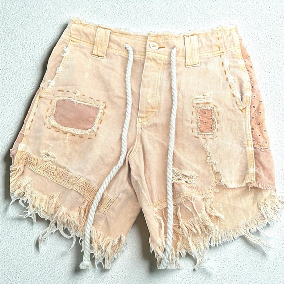 Free People Distressed Patchwork Shorts | Boho Festival Lace Frayed Hem XS - Picture 2 of 9